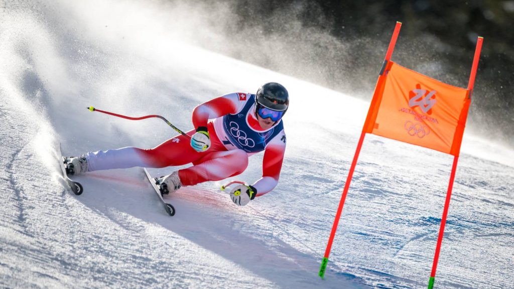 Switzerland's Franjo von Allmen competes in the men's super-G alpine skiing event during the Milano Cortina 2026 Winter Olympic Games at the Stelvio Ski Centre in Bormio (Valtellina) on February 11, 2026.
