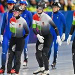 Assago, 2026. február 10. Végi Diána Laura, Somodi Maja, Nógrádi Bence és Moon Wonjun (b-j) a 2026-os milánói-cortinai téli olimpia 2000 m-es rövidpályás gyorskorcsolya versenyén a vegyes váltó negyeddöntőjében az assagói Forum di Milano sportarénában 2026. február 10-én. MTI/Illyés Tibor