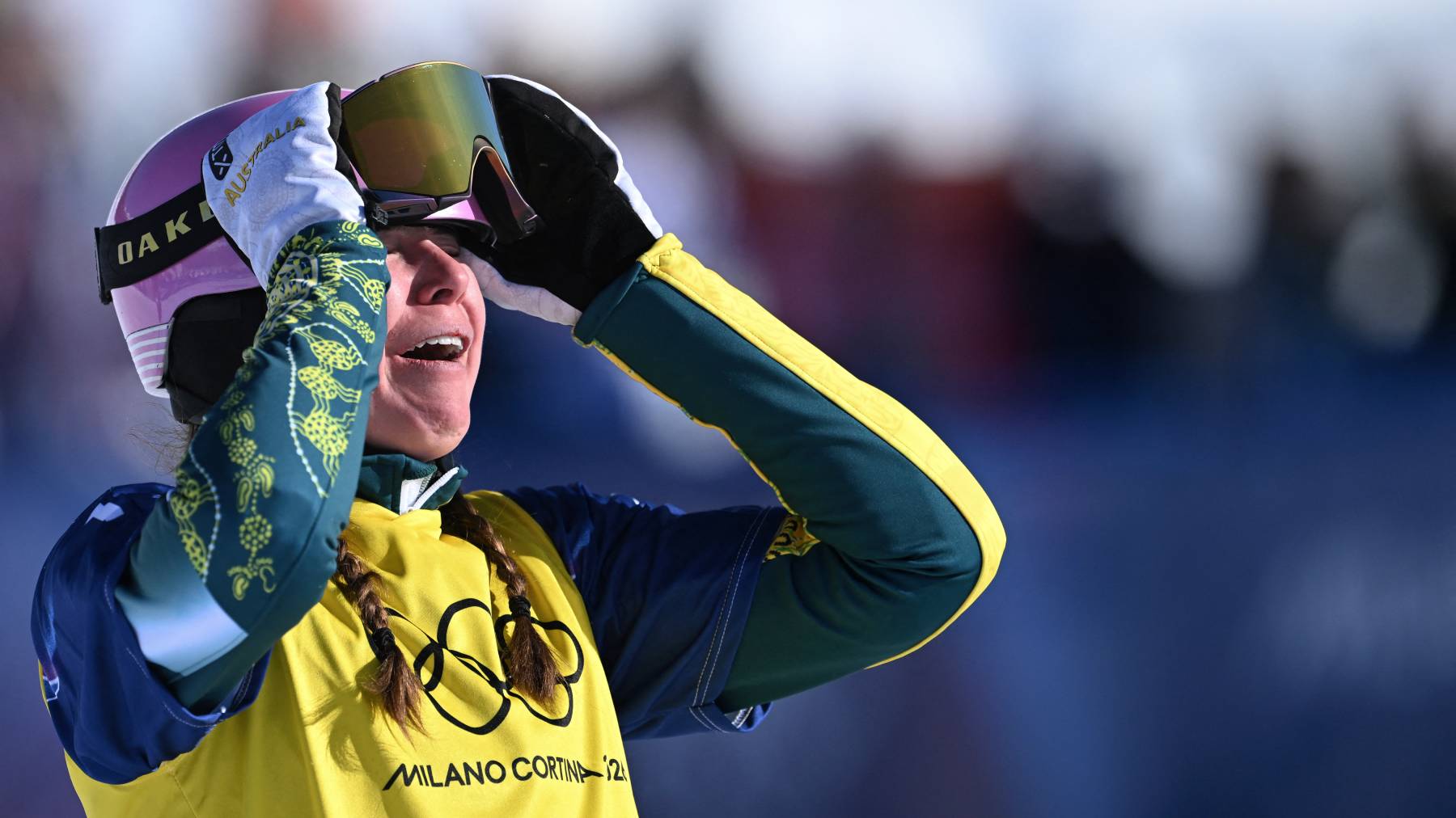 Australia's Josie Baff celebrates winning the snowboard women's cross final during the Milano Cortina 2026 Winter Olympic Games at Livigno Snow Park, in Livigno (Valtellina), on February 13, 2026.