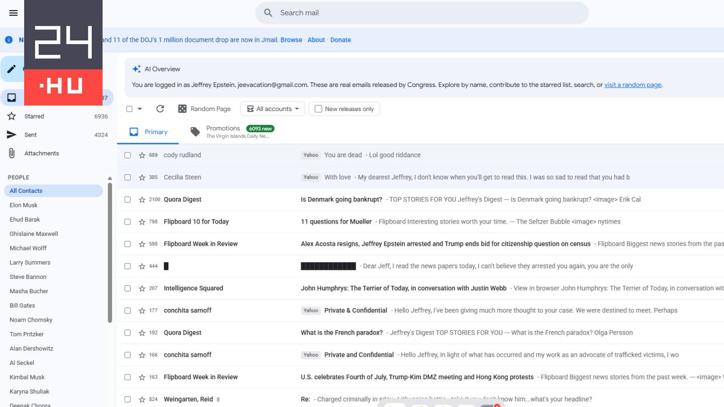 Ezen az oldalon úgy böngészhetünk Epstein emailjei között, mintha csak a saját Gmail-ünket használnánk