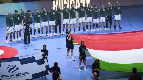 A magyar csapat tagjai a dán-norvég-svéd közös rendezésű férfi kézilabda-Európa-bajnokság középdöntőjének 4. fordulójában, a II. csoportban játszott Horvátország - Magyarország mérkőzésen a svédországi Malmö Arénában 2026. január 28-án.
