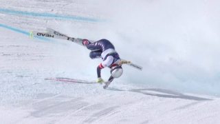 This handout video grab from IOC/OBS shows US Lindsey Vonn crashing during the women's downhill event at the Milano Cortina 2026 Winter Olympic Games in Cortina d’Ampezzo on February 8, 2026.