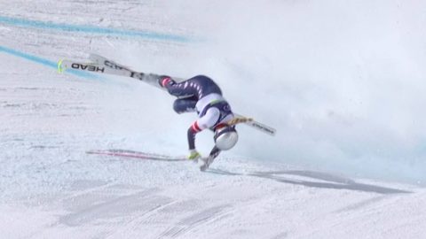 This handout video grab from IOC/OBS shows US Lindsey Vonn crashing during the women's downhill event at the Milano Cortina 2026 Winter Olympic Games in Cortina d’Ampezzo on February 8, 2026.