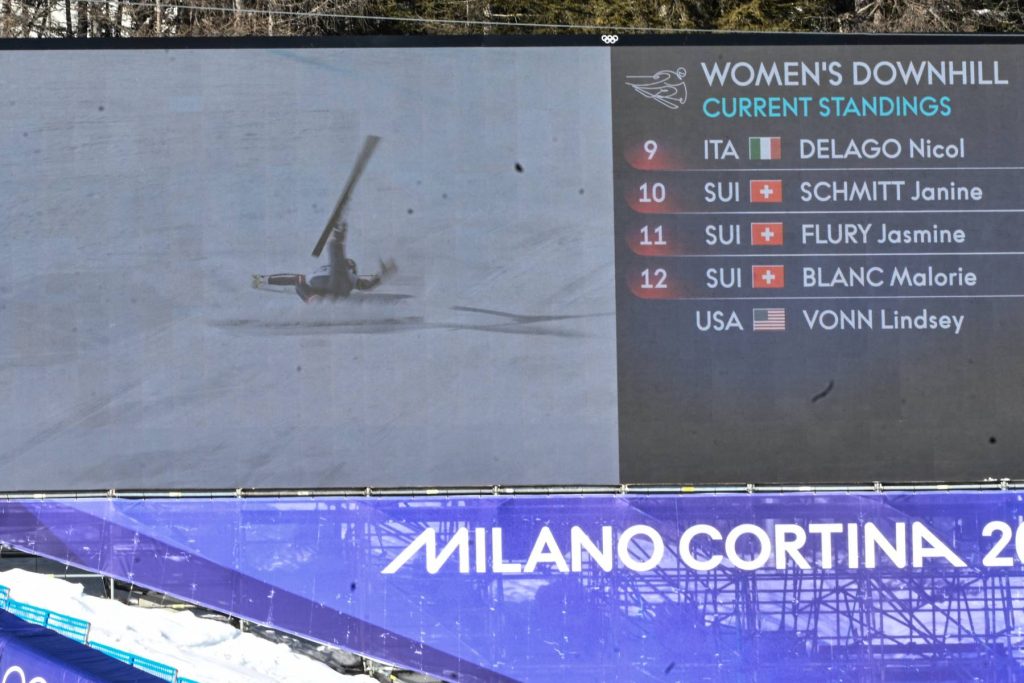 A giant screen shows US' Lindsey Vonn crashing as she competes in the women's downhill event during the Milano Cortina 2026 Winter Olympic Games at the Tofane Alpine Skiing Centre in Cortina d’Ampezzo on February 8, 2026.