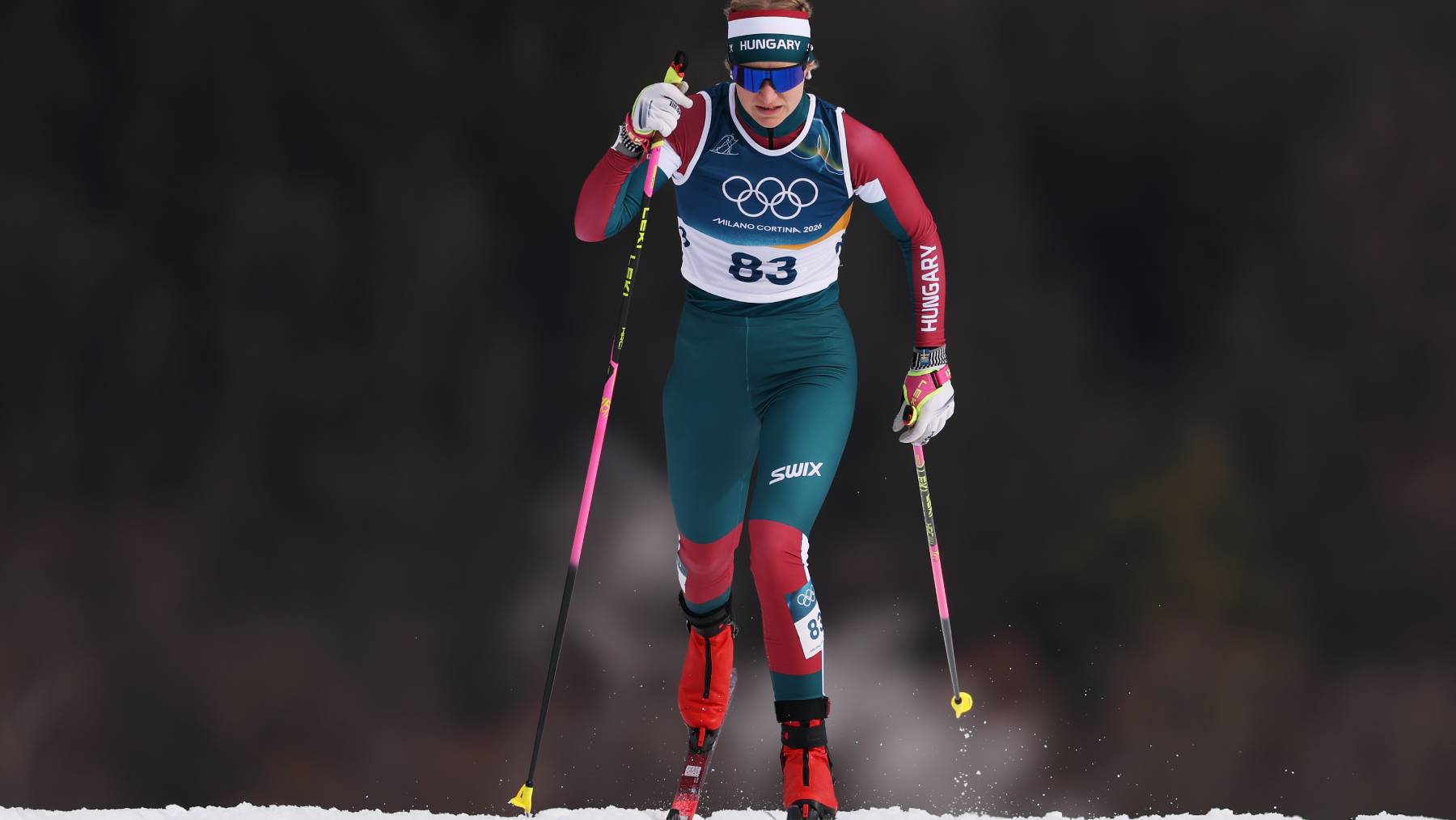VAL DI FIEMME, ITALY - FEBRUARY 10: Sara Ponya of Team Hungary competes in Women's Sprint Classic Qualification on day four of the Milano Cortina 2026 Winter Olympic games at Tesero Cross-Country Skiing Stadium on February 10, 2026 in Val di Fiemme, Italy. (Photo by Lars Baron/Getty Images)