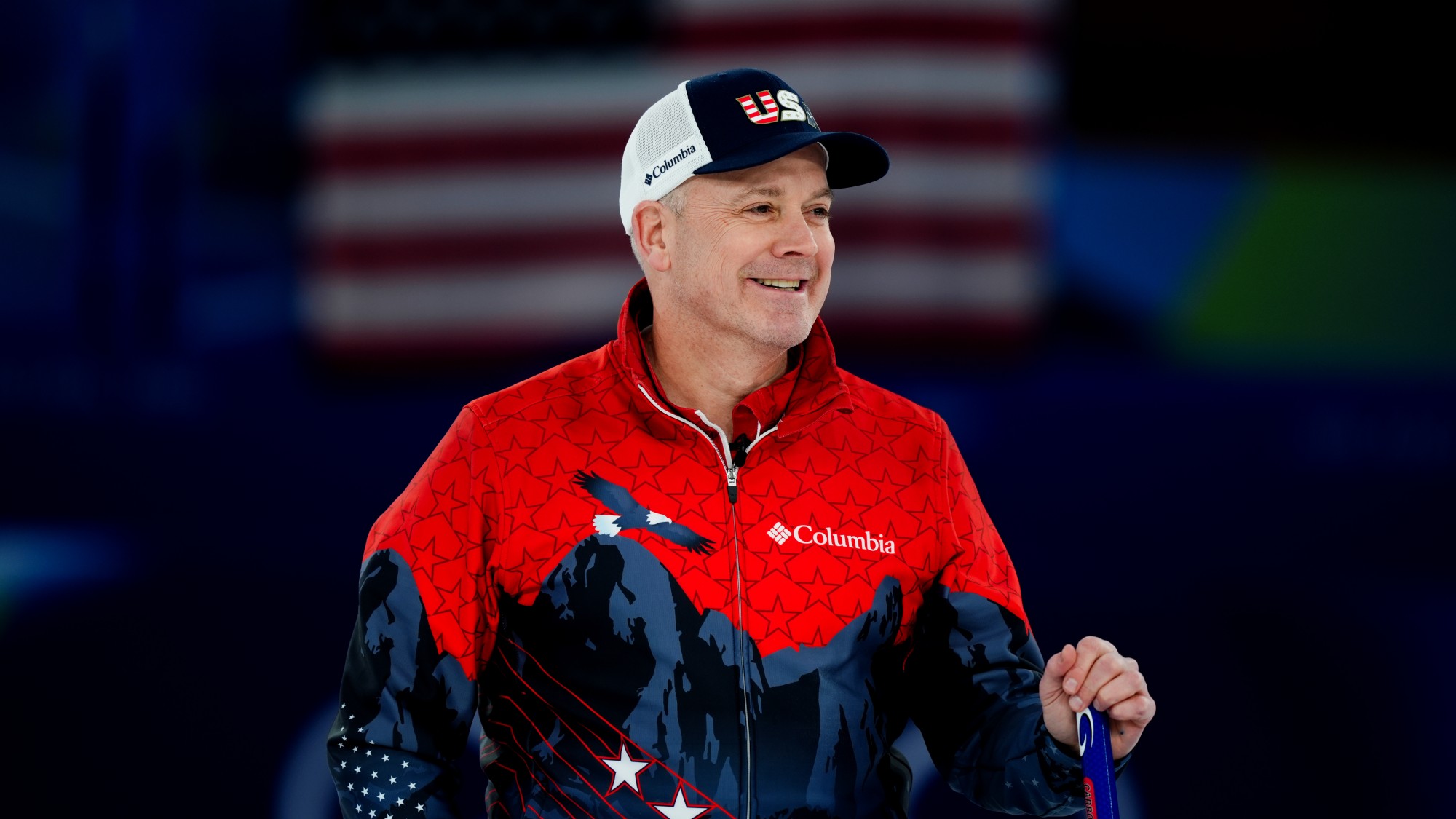 Az amerikai Rich Ruohonen a téli olimpiai curlingversenyén.