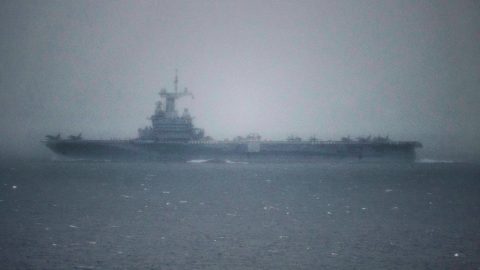 The French aircraft carrier Charles-de-Gaulle is seen as it passes through the Strait of Gibraltar off the coast of southern Spain in Tarifa, on March 6, 2026.