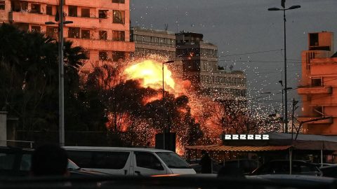 A fireball rises from the site of an Israeli airstrike that targeted a building in Beiruts Bashoura neighbourhood early on March 18, 2026. Lebanon was drawn into the Middle East war on March 2 when Iran-backed militant group Hezbollah launched rockets towards Israel in response to US-Israeli strikes that killed Iranian supreme leader Ayatollah Ali Khamenei. (Photo by FADEL itani / AFP)