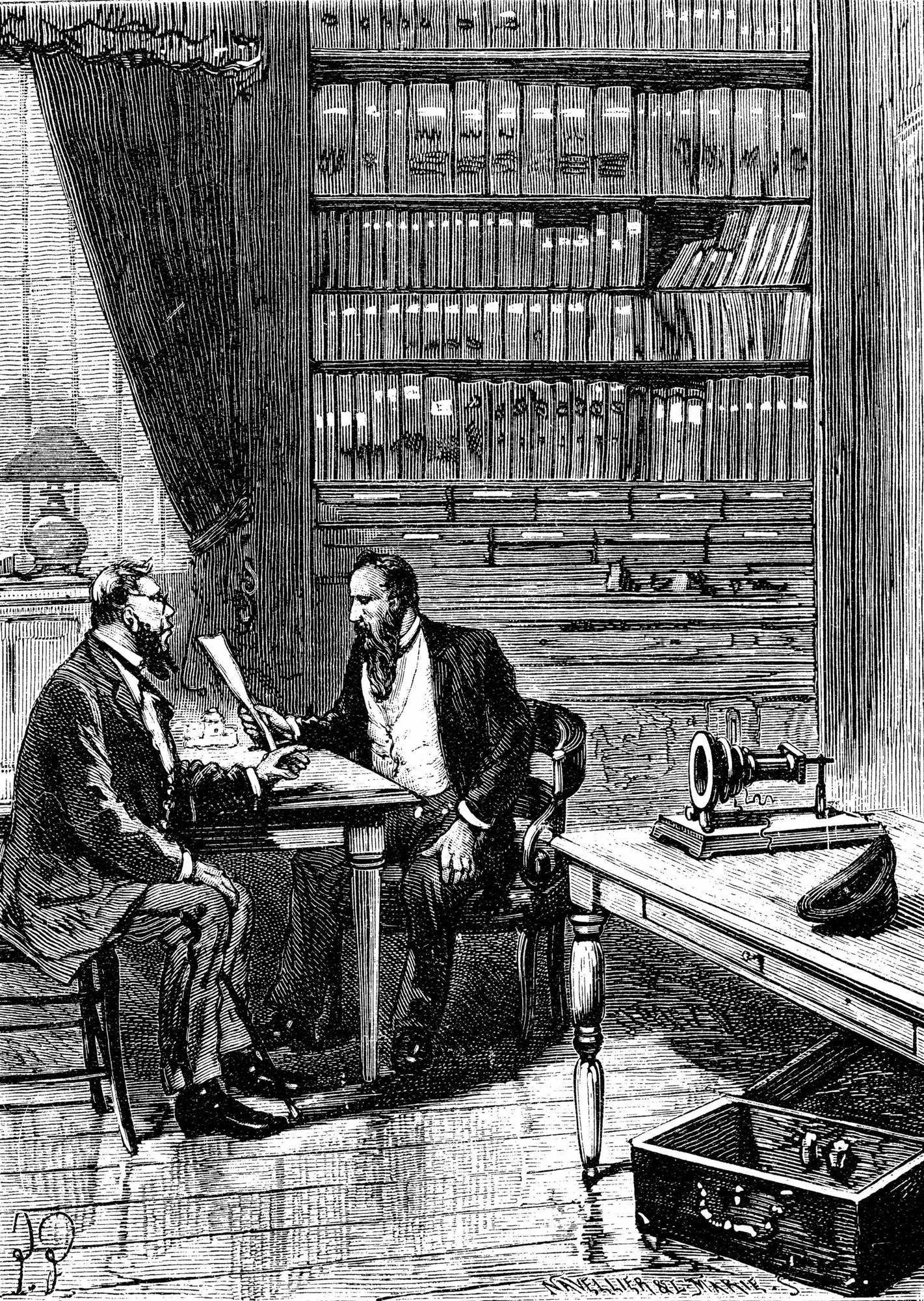 Bell telefonja az asztalon látható jobbra Párizsban, egy 1890 körül kiadott fametszeten.