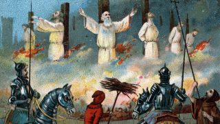 Jacques de Molay, a Templomos Lovagrend nagymesterének kivégzése.