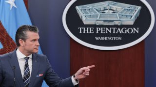 Secretary of War Pete Hegseth provides updates on military operations in Iran during a press briefing at the Pentagon on March 19, 2026 in Arlington, Virginia.
