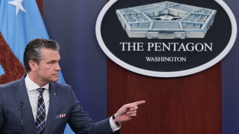 Secretary of War Pete Hegseth provides updates on military operations in Iran during a press briefing at the Pentagon on March 19, 2026 in Arlington, Virginia.