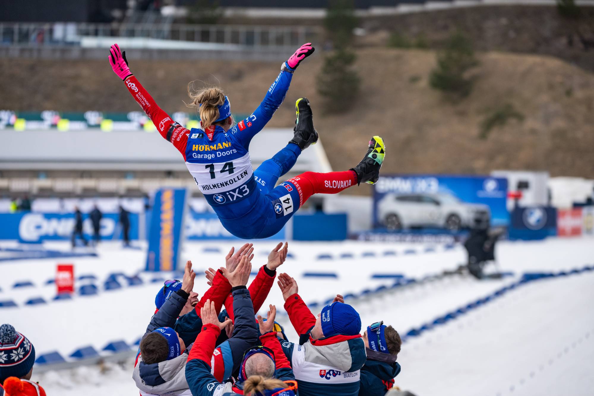 OSLO, NORWAY - MARCH 22: Paulina Batovska Fialkova of Slovakia is celebrated by the teammates, team and friends after ending the careers after the Women 12.5km Mass Start at the BMW IBU World Cup Biathlon Oslo on March 22, 2026 in Oslo, Norway. (Photo by Kevin Voigt/GettyImages)