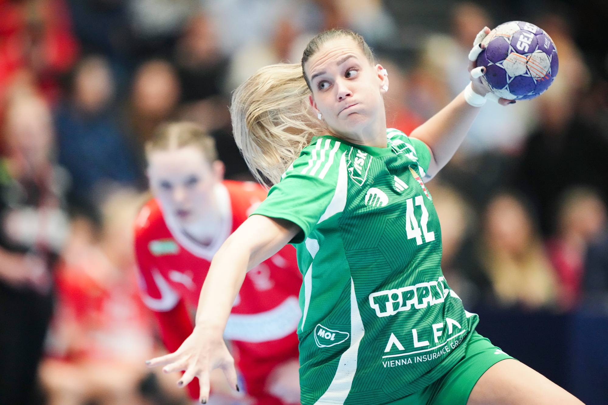 Svendborg, 2026. március 8. Klujber Katrin a női kézilabda Eurokupa csoportkörében, a B csoport negyedik fordulójában játszott Dánia-Magyarország mérkőzésen Svendborgban 2026. március 8-án. MTI/EPA/Ritzau/Claus Fisker