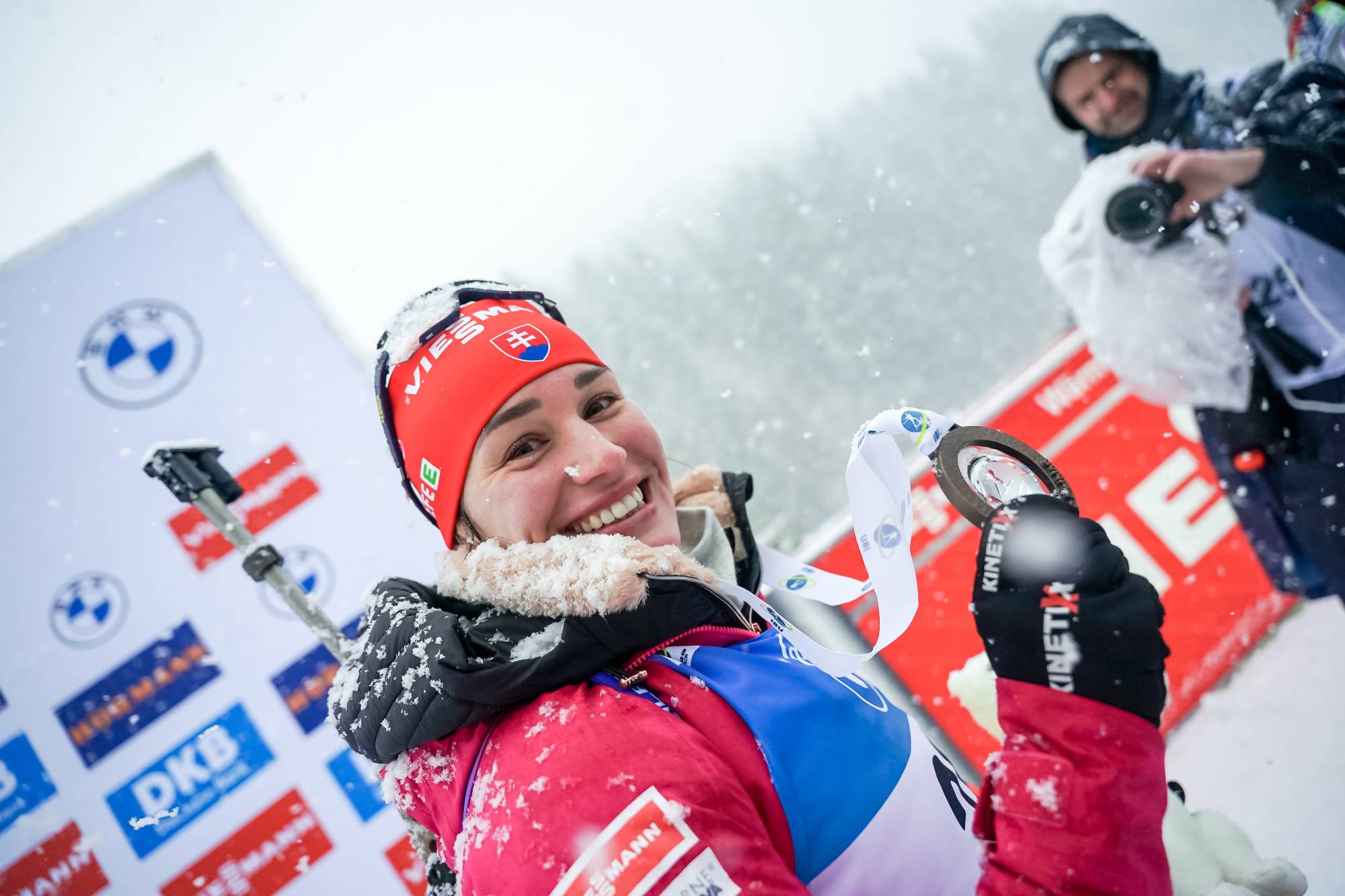 ANNECY, FRANCE - DECEMBER 22: Paulina Batovska Fialkova of Slovakia takes third place during the Mass Women of the IBU World Cup Biathlon Annecy-Le Grand Bornand on December 22, 2024 in Annecy, France. (Photo by Vianney Thibaut/NordicFocus/Getty)