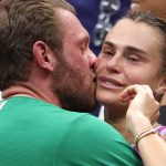 NEW YORK, NEW YORK - SEPTEMBER 07: Aryna Sabalenka of Belarus celebrates with her boyfriend Georgios Frangulis after defeating Jessica Pegula of the United States to win the Women's Singles Final on Day Thirteen of the 2024 US Open at USTA Billie Jean King National Tennis Center on September 07, 2024 in the Flushing neighborhood of the Queens borough of New York City. Al Bello/Getty Images/AFP