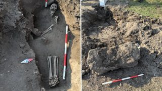 Bebetonozott középkori csontváz.