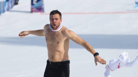 KARL Benjamin of Austria reacts after winning the big final of the men's snowboarding parallel giant slalom at the Winter Olympic Games Milano Cortina, at the Livigno Snow Park in Italy, on February 8, 2026. KARL won the competition, claiming a gold medal. ( The Yomiuri Shimbun )