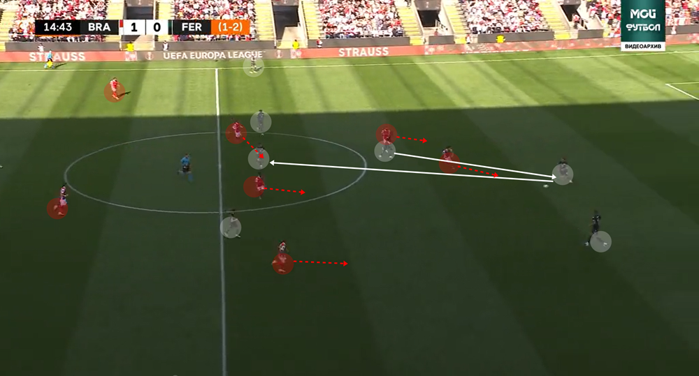 Fradi-labdajáratás, a portugálok kilépnek, Abu Fani háttal kap labdát az első és a második sor között, de szerelik. Ez a kulcsmomentum, nem Gróf lepkéje, 2-0.