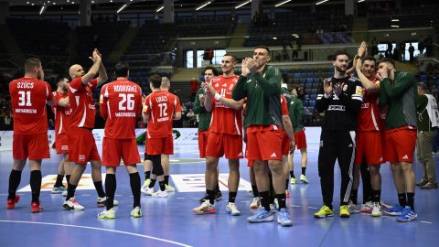 A magyar csapat tagjai a Magyarország - Olaszország férfi kézilabda felkészülési mérkõzés után.