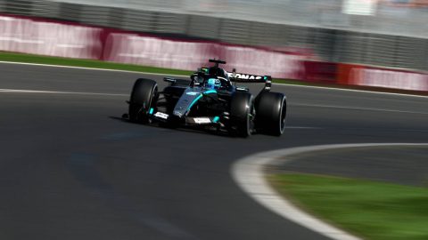 Mercedes' British driver George Russell drives during the second practice session of the Formula One Australian Grand Prix at the Albert Park Circuit in Melbourne on March 6, 2026.