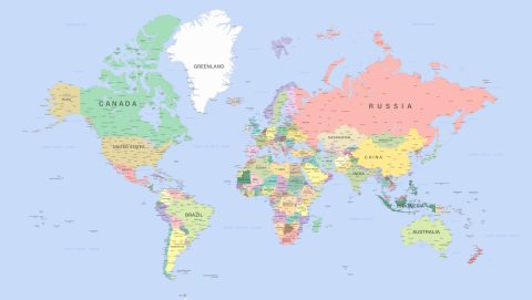 Political map of the world with borders countries. Includes all continents and Antarctica. Map with labeled countries, capitals and cities