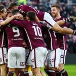 A skót bajnokságot vezető Hearts csapatának játékosai.