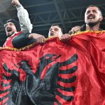 Kosovo's fans celebrate after the play-off 2026 FIFA World Cup European qualification semi-final football match between Slovakia and Kosovo in Bratislava on March 26, 2026.