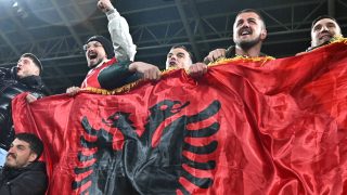 Kosovo's fans celebrate after the play-off 2026 FIFA World Cup European qualification semi-final football match between Slovakia and Kosovo in Bratislava on March 26, 2026.