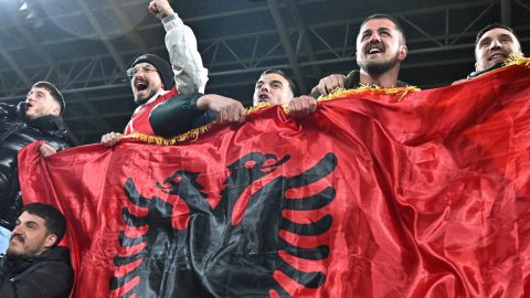 Kosovo's fans celebrate after the play-off 2026 FIFA World Cup European qualification semi-final football match between Slovakia and Kosovo in Bratislava on March 26, 2026.