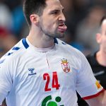 16 January 2024, Bavaria, Munich: Handball: European Championship, Serbia - Montenegro, preliminary round, Group C, match day 3 in the Olympic Hall. Lazar Kukic of Serbia celebrates after scoring a goal. Photo: Sven Hoppe/dpa