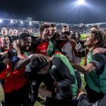 Az NEC Nijmegen játékosai ünnepelnek, miután legyőzték a PSV-t a Holland Kupában.