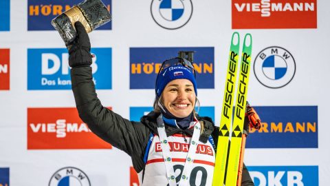 KONTIOLAHTI, FINLAND - MARCH 5: Third Placed Paulina Batovska Fialkova of Slovakia celebrates during the medal ceremony after the Women 15km Individual at the BMW IBU World Cup Biathlon Kontiolahti on March 5, 2026 in Kontiolahti, Finland. (Photo by Kevin Voigt/GettyImages)