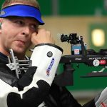 Sidi Péter a férfi légpuska versenyszám döntőjében a II. Európa Játékokon a minszki Lövész Központban 2019. június 24-én.