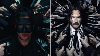 Képkocka T. Danny xXx című dalához készült videóklipből és a John Wick: 2. felvonás című film plakátja.