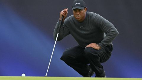 US golfer Tiger Woods lines up a putt on the 17th green on the opening day of the 152nd British Open Golf Championship at Royal Troon on the south west coast of Scotland on July 18, 2024. Golf superstar Tiger Woods was involved in a car crash in Florida on March 27, 2026, US media reports citing local law enforcement said. There was no immediate word on Woods' condition following the incident in Jupiter Island, ABC television reported.