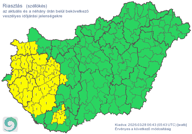 riasztás viharos szél miatt hét vármegyében.