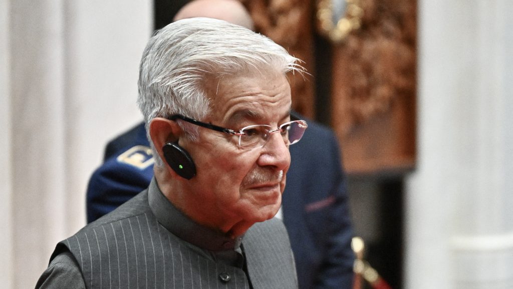 Pakistan's Defence Minister Khawaja Muhammad Asif attends the Defence Ministers' Meeting of the Shanghai Cooperation Organization (SCO) Member States in Qingdao in eastern China's Shandong province on June 26, 2025. (Photo by Pedro PARDO / AFP)