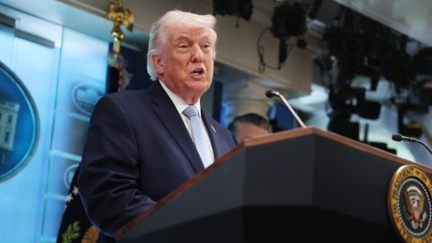 WASHINGTON, DC - APRIL 06: U.S. President Donald Trump attends a news conference in James S. Brady Press Briefing Room of the White House on April 06, 2026 in Washington, DC. President Trump spoke about the successful military mission to rescue a weapons systems officer whose F-15E Strike Eagle was shot down in Iran. Anna Moneymaker/Getty Images/AFP (Photo by Anna Moneymaker / GETTY IMAGES NORTH AMERICA / Getty Images via AFP)