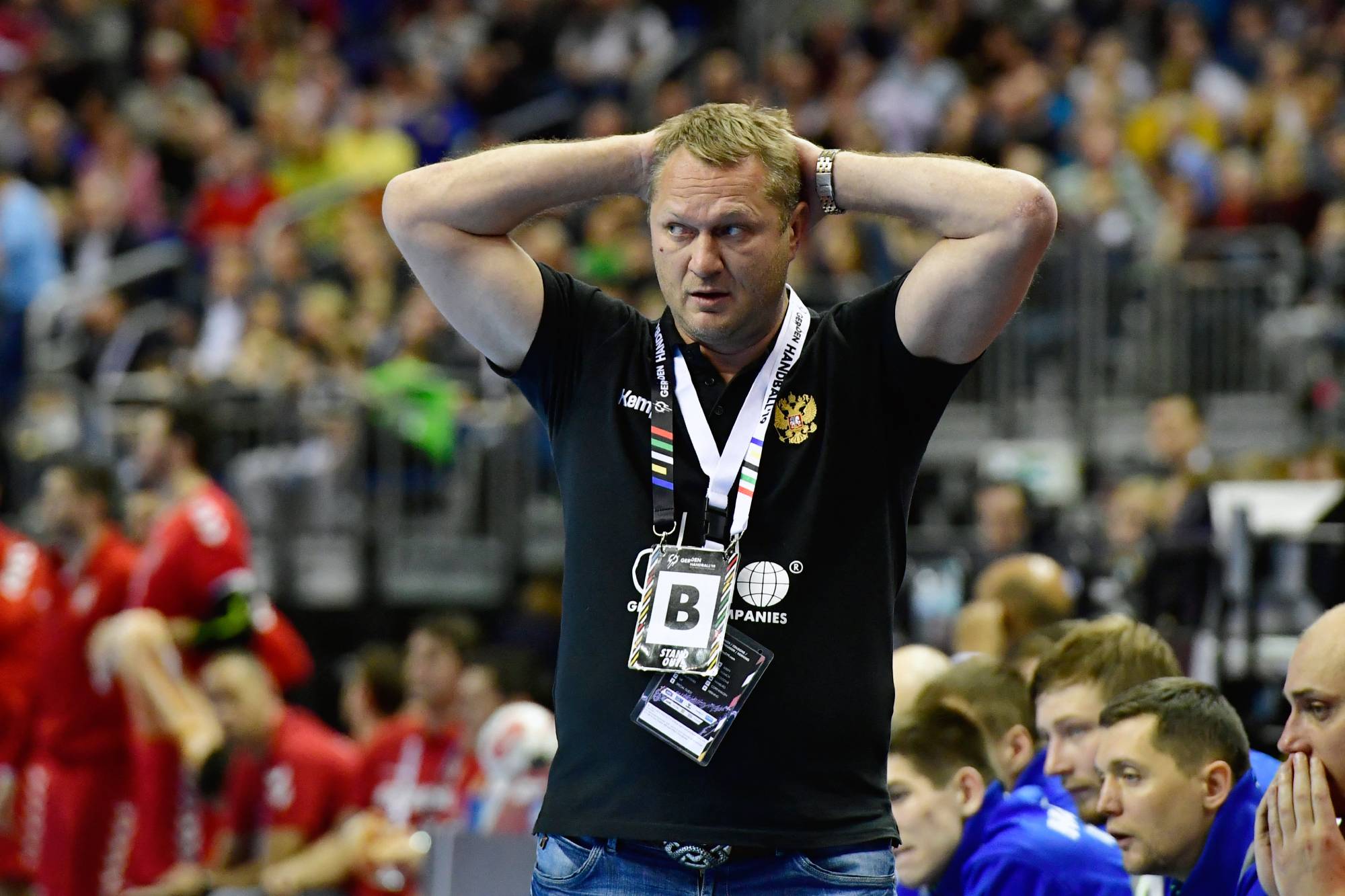 Russia's coach Eduard Koksharov reacts during the IHF Men's World Championship 2019 Group A handball match between Serbia and Russia at the Mercedes-Benz Arena in Berlin on January 11, 2019.