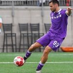 Alejandro Diaz #99 of Pacific FC kicks the ball during the Canadian Premier League match between Pacific FC and York United at York Lions Stadium in Toronto, Canada, on August 24, 2025. (Photo by Leonardo Ramirez/Eyepix Group/NurPhoto)