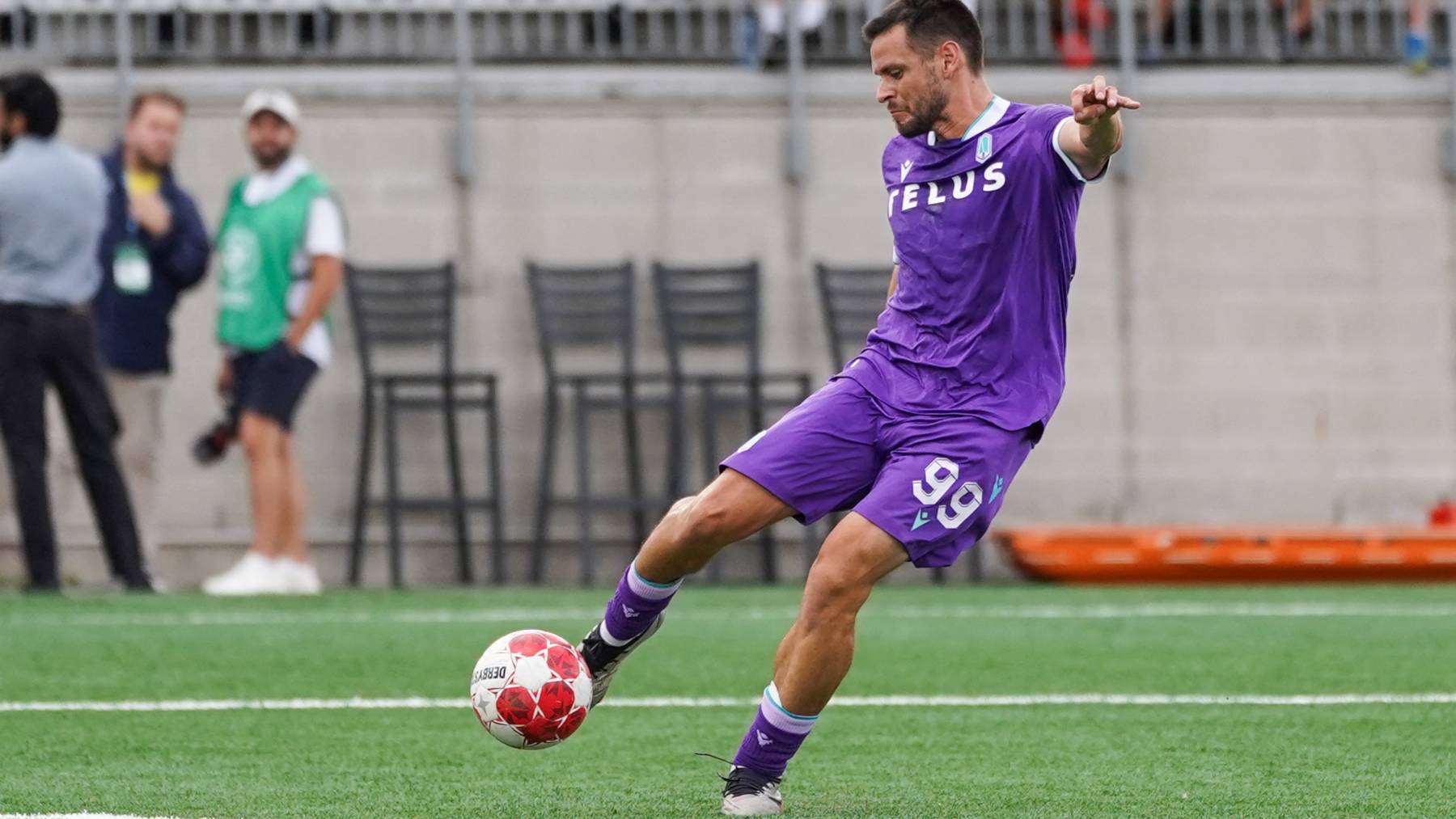 Alejandro Diaz #99 of Pacific FC kicks the ball during the Canadian Premier League match between Pacific FC and York United at York Lions Stadium in Toronto, Canada, on August 24, 2025. (Photo by Leonardo Ramirez/Eyepix Group/NurPhoto)