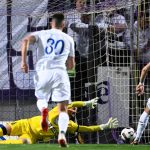 Banai Dávid, az Újpest kapusa gólt kap a labdarúgó Fizz Liga 28. fordulójában játszott Újpest FC - MTK Budapest mérkőzésen a Szusza Ferenc Stadionban 2026. április 4-én.