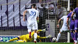 Banai Dávid, az Újpest kapusa gólt kap a labdarúgó Fizz Liga 28. fordulójában játszott Újpest FC - MTK Budapest mérkőzésen a Szusza Ferenc Stadionban 2026. április 4-én.