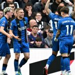 Bournemouth's French defender #03 Adrien Truffert (2L) celebrates scoring the team's second goal during the English Premier League football match between Newcastle United and Bournemouth at St James' Park in Newcastle-upon-Tyne, north east England on April 18, 2026.