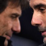 Tottenham Hotspur's Italian head coach Antonio Conte (L) is greeted by Manchester City's Spanish manager Pep Guardiola ahead of the English Premier League football match between Manchester City and Tottenham Hotspur at the Etihad Stadium in Manchester, north west England, on January 19, 2023.
