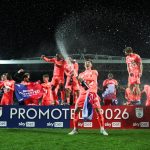 Coventry City celebrates promotion back to the Premier League after the Sky Bet Championship match between Blackburn Rovers and Coventry City at Ewood Park in Blackburn, United Kingdom, on April 17, 2026. (Photo by Jorge Horsted/News Images/NurPhoto)