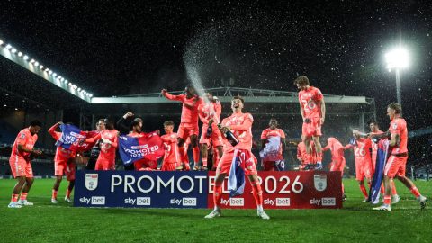 Coventry City celebrates promotion back to the Premier League after the Sky Bet Championship match between Blackburn Rovers and Coventry City at Ewood Park in Blackburn, United Kingdom, on April 17, 2026. (Photo by Jorge Horsted/News Images/NurPhoto)