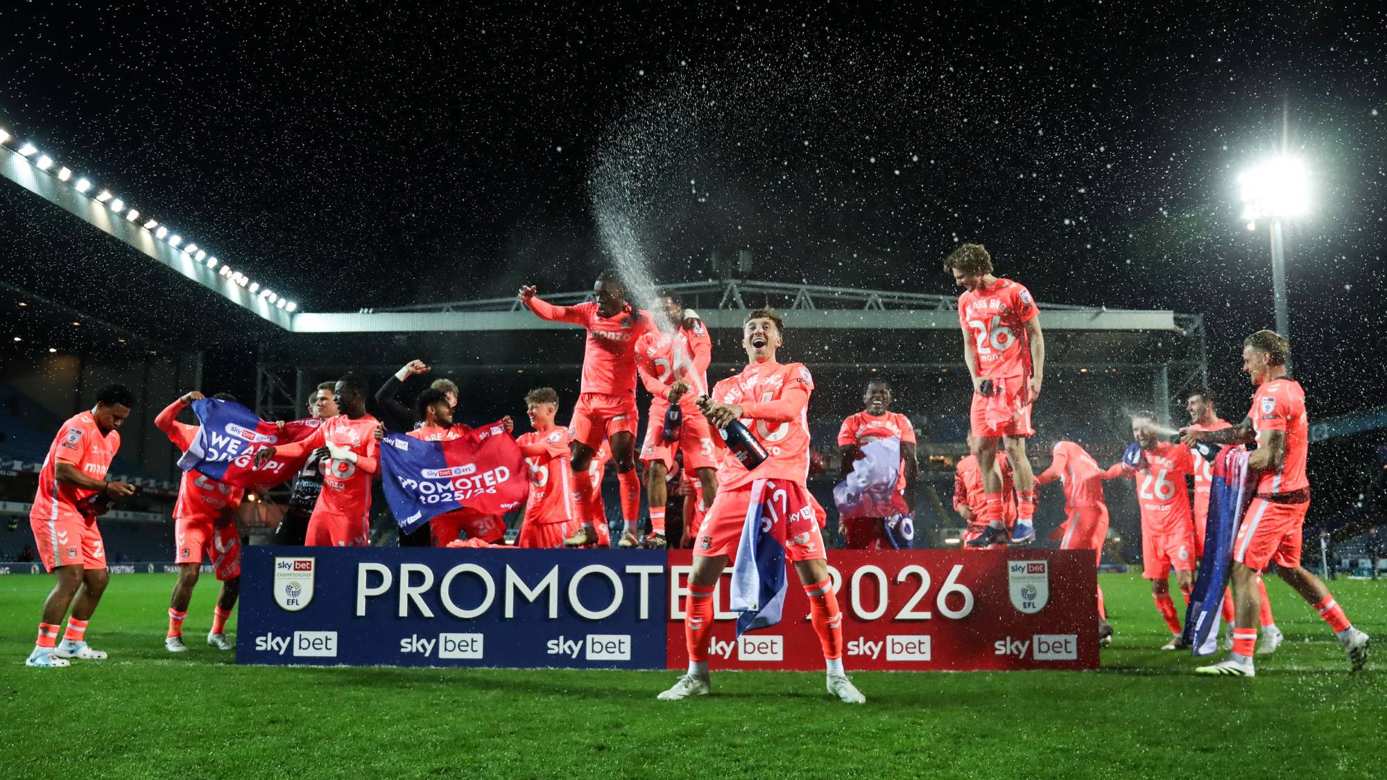 Coventry City celebrates promotion back to the Premier League after the Sky Bet Championship match between Blackburn Rovers and Coventry City at Ewood Park in Blackburn, United Kingdom, on April 17, 2026. (Photo by Jorge Horsted/News Images/NurPhoto)
