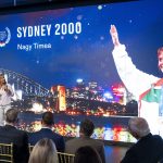 Nagy Tímea kétszeres olimpiai bajnok párbajtőrvívó a 25 évvel korábbi sydney-i nyári olimpián elért sikerek alkalmából rendezett gálavacsora előtti ünnepségen.